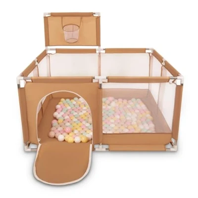 Abbildung von Selonis Laufstall Mit Korb Und 400 Bälle Laufgitter Für Kinder, Beige:Pastellbeige/Pastellgelb/Weiß/Minze/Puderrosa