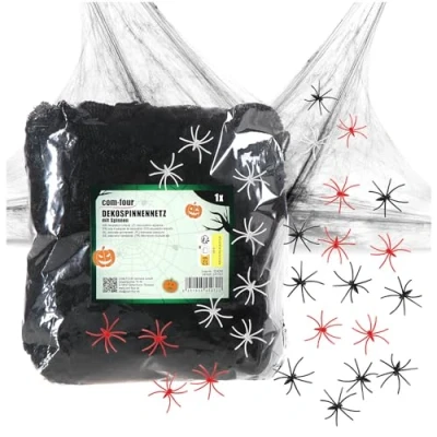 Abbildung von com four® 25 teiliges Deko Set für Halloween 200g dehnbares Spinnennetz mit 24 Spinnen gruseliges schwarzes Spinnengewebe als Dekoration Halloween, Fasching, Horror oder Mottopartys