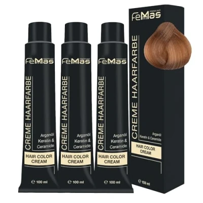 Abbildung von FemMas Haarfarbe 3x Lichtblond Schokolade Intensiv 9.99 I Professionelle Creme mit Arganöl, Keratin &amp; Ceramiden dauerthafte Haarfärbung oder Tönung für strahlende Farbergebnisse 100 ml
