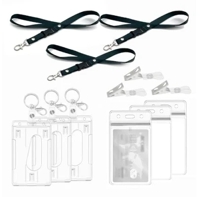 Abbildung von Ausweishülle mit Lanyard,Schlüsselanhänger, Clips, harter klarer Abzeichenhalter, Durchsichtige Kartenhülle,Badge Holder Karten für Ausweishalter,ausweishüllen, (3 Set Vertical)