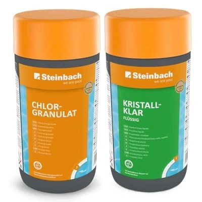 Abbildung von Steinbach Poolpflege Starter Set Chlorgranulat 1 kg + Kristallklar flüssig l Perfektes zur Reinigung und Wartung Ideal Erstdosierung Schockbehandlung