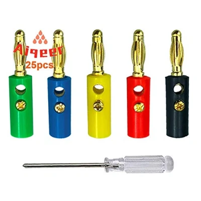 Abbildung von Aiqeer 25 Stück 4 mm Bananenstecker, Vergoldet Banane Lautsprecher Stecker, Lötfreier Bananensteckeradapter, für Lautsprecher, Audio/Video Empfänger (Rot, Gelb, Blau, Grün, Schwarz)