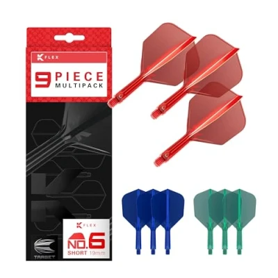 Abbildung von Target Darts K Flex Integrated Dart Flights and Shafts, Kurzer Schaft (19 mm), Nr. 6 Flight, 9er Pack, Rot, Blau &amp; Grün Kflex 2 In 1 Flight und Schaft, professionelles Dartzubehör
