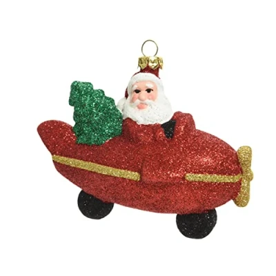 Abbildung von Kaemingk Christbaumschmuck Kunststoff 10,7cm Weihnachtsmann im Flugzeug Weihnachtskugeln rot