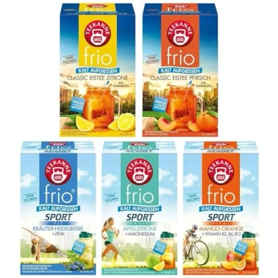 Abbildung von Teekanne frio Eistee und Sporttee 5er Pack inkl. der neuen Sorte Heidelbeere Kräuter + Zink zuckerfreier Genuss Voller Geschmack ohne Zucker Kalorienarm (5 x 45 g)