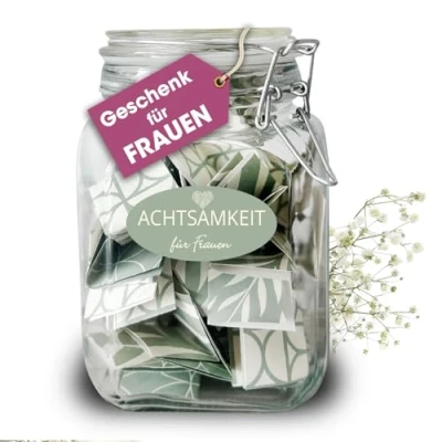 Abbildung von MILINDO Achtsamkeit im Bügelglas Geschenk für Frauen Affirmation, Selbstliebe, Motivation. Geschenke Selfcare Me Time Lieblingsmenschen