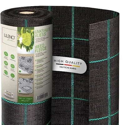 Abbildung von LILENO HOME Anti Unkrautgewebe 100m² [100 g/qm] Garten Unkrautfolie Wasserdurchlässig Reißfestes Bändchengewebe Unkraut Folie mit Raster und UV beständig [1m x 100m]