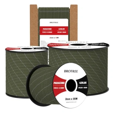 Abbildung von Brotree Paracord 3mm 100M 100% Nylon Seil Schnur Typ II 425 mit 3 Kern für Survival, Outdoor, Armband, Basteln Bruchlast 192kg (Reflektierende Armee Grün)