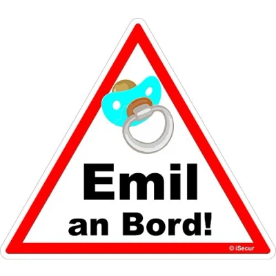 Abbildung von easydruck24de Auto Aufkleber Baby an Bord, Emil I kfz_441 16 x 14 cm groß Junge Sticker mit Schnuller Hinweis Achtung Vorsicht wetterfest