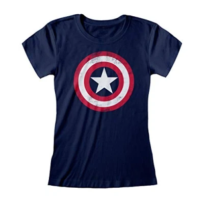 Abbildung von Marvel Avengers Assemble Captain America Distressed Shield T Shirt ausgestattet, Damen, S 5XL, Marine, Offizielle Handelsware