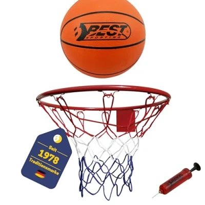 Abbildung von Best Sporting Basketballkorb Outdoor Wandmontage Set mit Basketball und Pumpe, Stabiler Korb Outside Standard Ø 45 cm Netz