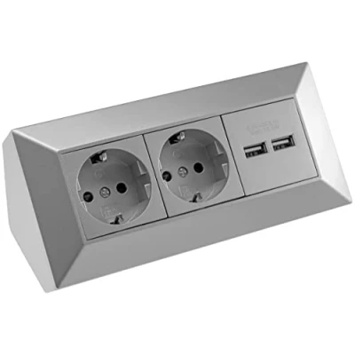 Abbildung von ChiliTec 2 fach Steckdosenblock + 2x USB, silber Mehrfachsteckdose