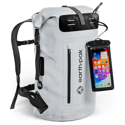 Abbildung von Earth Pak wasserdichter Rucksack 35L / 55L Waterproof Backpack mit leistungsstarkem Rolltop Rollverschluss, Reißverschluss Tasche und IPX8 wasserfester Handyhülle (Grau, 85L)