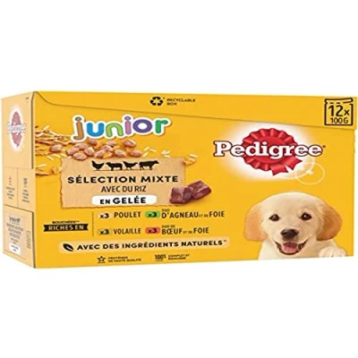 Abbildung von Pedigree Junior Selection Gelee Frischebeutel Hundefutter 4 Verschiedene Geschmacksrichtungen 48 Beutel à 100g