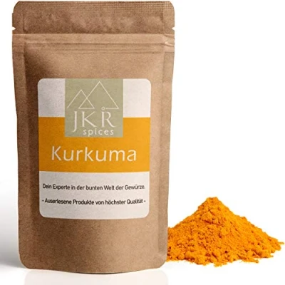 Abbildung von JKR Spices Kurkuma Pulver Kurkumapulver aus gemahlener Curcuma Wurzel Gelbwurz gemahlen hoher Curcumin Kurkumin Gehalt Ideales Gewürz zum Kochen und Goldene Milch 250g