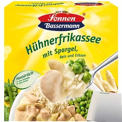 Abbildung von Sonnen Bassermann Hühnerfrikassee mit Spargel Reis und Erbsen (400g Packung) + usy Block