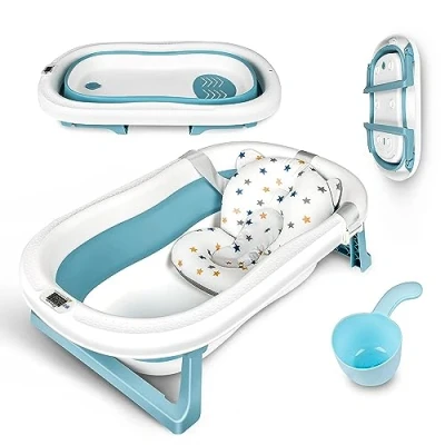 Abbildung von Einesin Groß Faltbare Baby Badewanne mit integriertem Thermometer, Wanne Inkl. Badewanneneinsatz Baby, haarwaschbecher, Babybadewanne Faltbar für Babys 0 6 Jahre, Blau