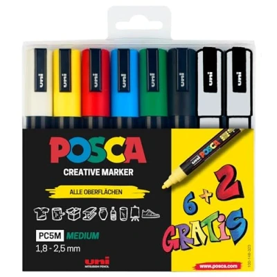Abbildung von uni ball Lackmarker POSCA PC 5M Marker 6+2 Set sortiert