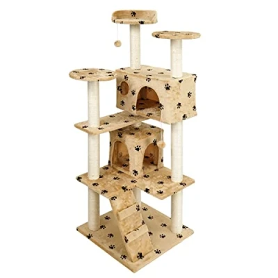 Abbildung von Wiltec Kratzbaum in Beige mit Pfotendesign 130 cm, Katzenkratzbaum Aussichtsplattformen, Kletterbaum Katzenhäusern, Katzenbaum Spielbällen