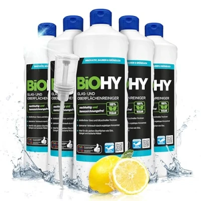 Abbildung von BiOHY Glas und Oberflächenreiniger (6 x 1 Liter) + Dosierer Glasreiniger Konzentrat für streifenfreien Glanz ergiebiger &amp; Kunststoffreiniger Fettlöser Kalkreiniger