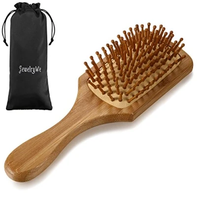 Abbildung von JewelryWe Natur Haar Bürste Holz Natural Line Paddle Brush, 9 reihig, zum täglichen Durchkämmen und Entwirren der Haare, abgerundete Borsten, antistatisch für lange dicke Haare