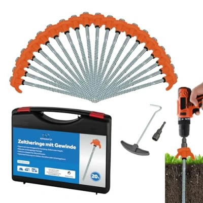 Abbildung von Schraubheringe Set 20 Stück cm Ø7mm mit Transportbox und Bit für Akkuschrauber Orange Stahl Heringe weiche bis Harte Böden Zeltschrauben Camping Outdoor