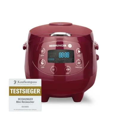 Abbildung von REISHUNGER Digitaler Reiskocher klein, bordeaux 0,6 L bis 3 Personen Warmhaltefunktion, Timer &amp; Premium Topf Kleiner Multikocher Dampfgarer, 8 Programme, 7 Phasen Technologie