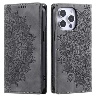 Abbildung von CoverKingz Handyhülle für iPhone 16 Pro Max Handytasche mit Kartenfach Phone Case Cover Handy Hülle klappbar Motiv Mandala Grau