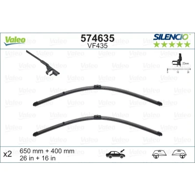 Abbildung von Scheibenwischer Valeo Silencio X.trm, Flat Blade Set 574635 vorne Rahmenlos Stiftbefestigung PEUGEOT: 207 CC, Schrägheck, SW