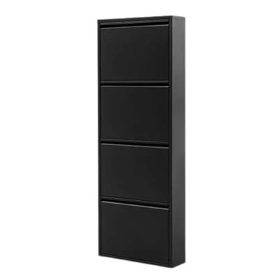 Abbildung von Alveon Schuhschrank Schmal Schuhregal Metall Schuhkipper mit Magnet Klappen Schuhablage Montiert und Wandmontage (Schwarz, 4 Klappen)