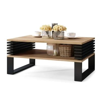 Abbildung von All4All Kleiner Couchtisch Goki Kaffeetisch Wohnzimmertisch Loft Stil Tisch mit Lamellen kompakte Größe 90x60cm 05 Gold Craft Eiche + Schwarz