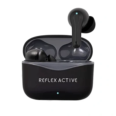 Abbildung von Reflex Active PRO TWS Inear Kopfhörer mit BT5.2 aktiver Geräuschunterdrückung und sicherer Raumtransparenzfunktion. Schwarze Gummilackierung Markenlogo auf der Hülle