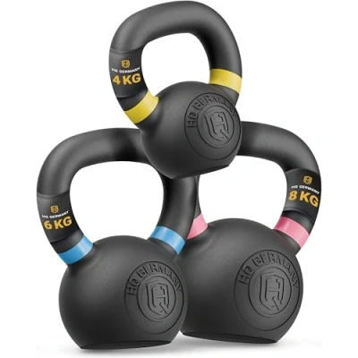 Abbildung von HQ Germany® Powdercoat Kettlebell Vollguss 2 32kg Starter Sets ±2,0% Gewichtstoleranz, Gewicht:+Starter Set (4+6+8KG)