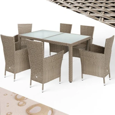 Abbildung von Casaria Garten Essgruppe, (7 tlg), Polyrattan 6 Stühle Stapelbar 150x90cm Gartentisch Glas Wetterfest