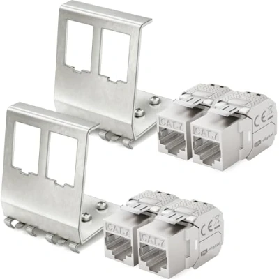 Abbildung von hb digital Set: 4X CAT.7 Keystone RJ45 Modul + 2X Hutschienenadapter Metall Halterung für Hutschiene 35mm Standard Jack geschirmt Edelstahl LSA Montage Ethernet LAN Netzwerk Switch