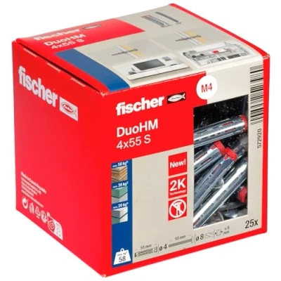 Abbildung von fischer Hohlraumdübel DuoHM 4 x 55 S PZ, Plattendübel mit metrischer Panheadschraube und PZ Antrieb zum Befestigen von TV Halterungen, Leuchten, Wandregalen, uvm. in Plattenbaustoffen, 25 Stück