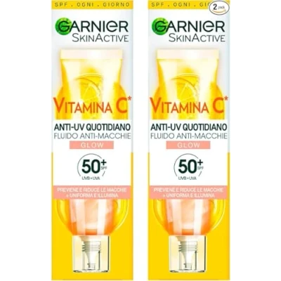 Abbildung von Garnier SkinActive Gesichtsfluid Anti UV Täglich, Vitamin C, Flecken Glow, LSF 50+, einheitlicher Glanz, feuchtigkeitsspendend, schützt die Haut gegen UVA und UVB Strahlen, 2 Flaschen à 40 ml