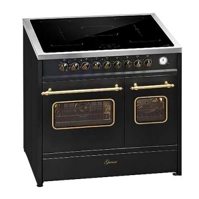 Abbildung von GURARI Retro Standherd Induktion 90 cm E 913 DF RU BL Freistehender Herd mit Induktionskochfeld in Schwarz zwei Backöfen Range Coocker 5 Induktionszonen (2 Flex Zone) alle Booster