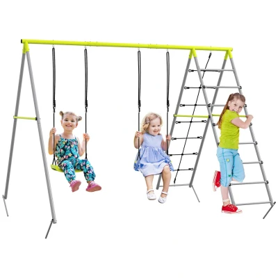 Abbildung von Outsunny Einzelschaukel Kinderschaukel Set Schaukelgerüst mit Kletternetz, Sprossenleiter, (Gartenschaukel, 1 tlg., Schaukelgestell), für Garten, Balkon, Grün
