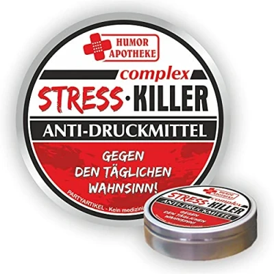 Abbildung von Pfefferminz Bonbon Metalldose Stresskiller Anti Druckmittel, gegen den täglichen Wahnsinn Soforthilfe Humorapotheke Spaßmedizin Humormedizin Pfefferminzdragees Dose Blechdose Pillendose