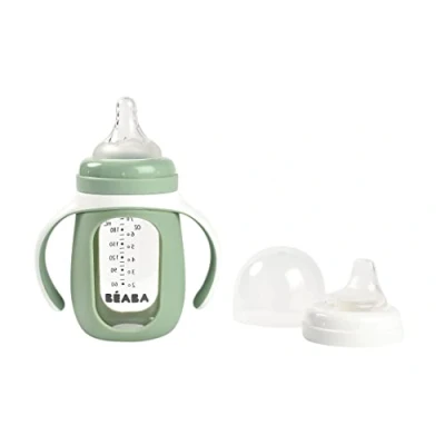 Abbildung von BÉABA, Trinklernbecher 2 in 1, Glas, Silikonhülle, robust, gesund, 100% wasserdicht, abnehmbare Griffe, 210ml, Salbeigrün