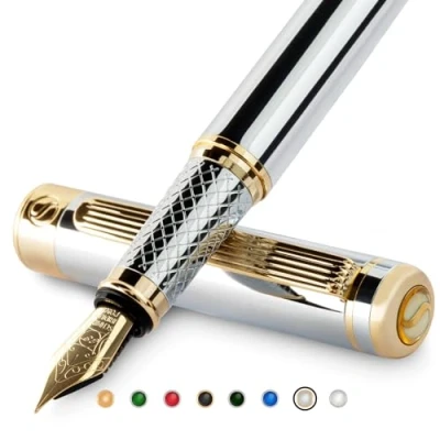 Abbildung von Scriveiner Silber Füllfederhalter Füller Edel mit 24 Karat Gold Finish, Schmidt 18 vergoldete Feder (Extrafein), Bestes Geschenk für Herren und Damen, Manager, Führungskräfte (Silber Chrom)