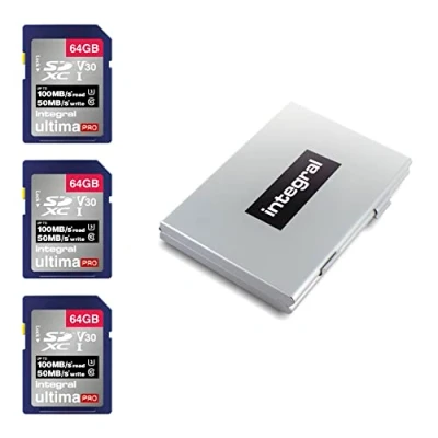 Abbildung von Integral 64 GB 3 Pack SD Karte 4K Ultra HD Video High Speed SDXC V30 UHS I U3 Class 10 Speicherkarte bis zu 100 MB/s, Farbe kann variieren