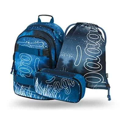 Abbildung von Baagl Schulrucksack Set Jungen 3 Teilig, Schultasche ab 3. Klasse, Grundschule Ranzen mit Brustgurt, Ergonomischer Schulranzen (Skate Steel)