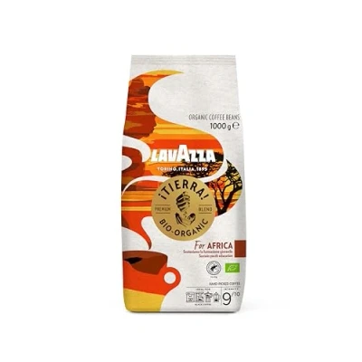 Abbildung von Lavazza, Tierra For Africa, 100% Bio Kaffeebohnen, Ideal für Espressomaschinen, Kräftiger und Vollmundiger Geschmack, Intensität 9/10, Aromen von Nüssen, Mittlere Röstung, 1 kg Packung
