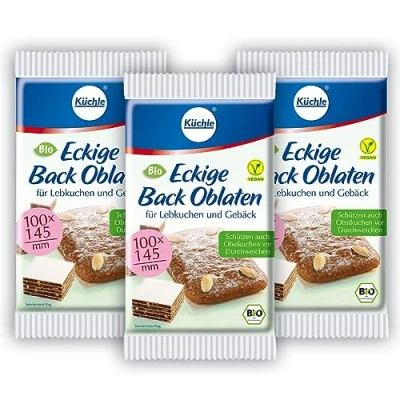 Abbildung von Küchle eckige Back Oblaten Bio Vegan 100mm 40g pro Packung 3er Pack Esspapier zum Backen von Makronen &amp; Lebkuchen