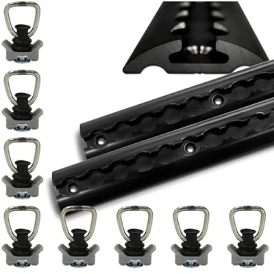 Abbildung von Airlineschienen schwarz aus Aluminium halbrund Airlineschiene pulverbeschichtet zur Ladungssicherung für PKW, LKW, Anhänger, Wohnmobile usw. Zurrschiene Zurrleiste (2x 2 Meter 8 Fittinge)