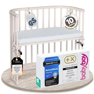 Abbildung von babybay Original Beistellbett aus massivem Buchenholz/kompakt &amp; verwandelbar/Kinderbett Höhe stufenlos verstellbar umweltfreundlich/mitwachsendes Babybett (beige lackiert) / inkl. Matratze