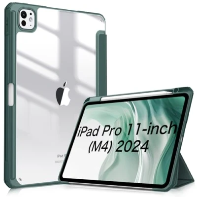 Abbildung von Fintie Hybrid Hülle für iPad Pro 11 Zoll M4 (2024) (Modellnummer: A2836/A2837/A3006) mit Stifthalter Stoßfeste Schutzhülle Case transparenter Hartschale auf der Rückseite, Nachtgrün