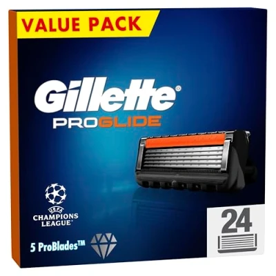 Abbildung von Gillette Fusion5 Proglide 24 Ersatzklingen mit 2x Gleitstreifen vor und nach den Klingen neuer EverGlide für unglaubliche Gründlichkeit Komfort
